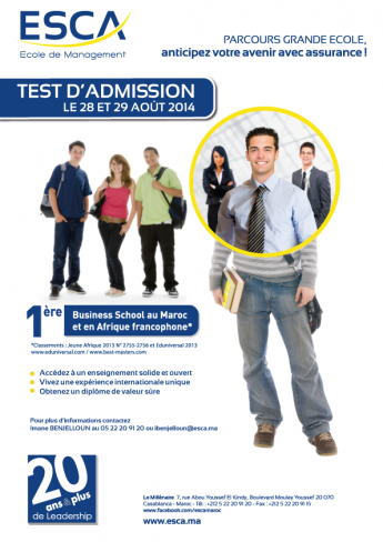 Prochain Test d'admission de ESCA Ecole de Management: 28 et 29 aout 2014
